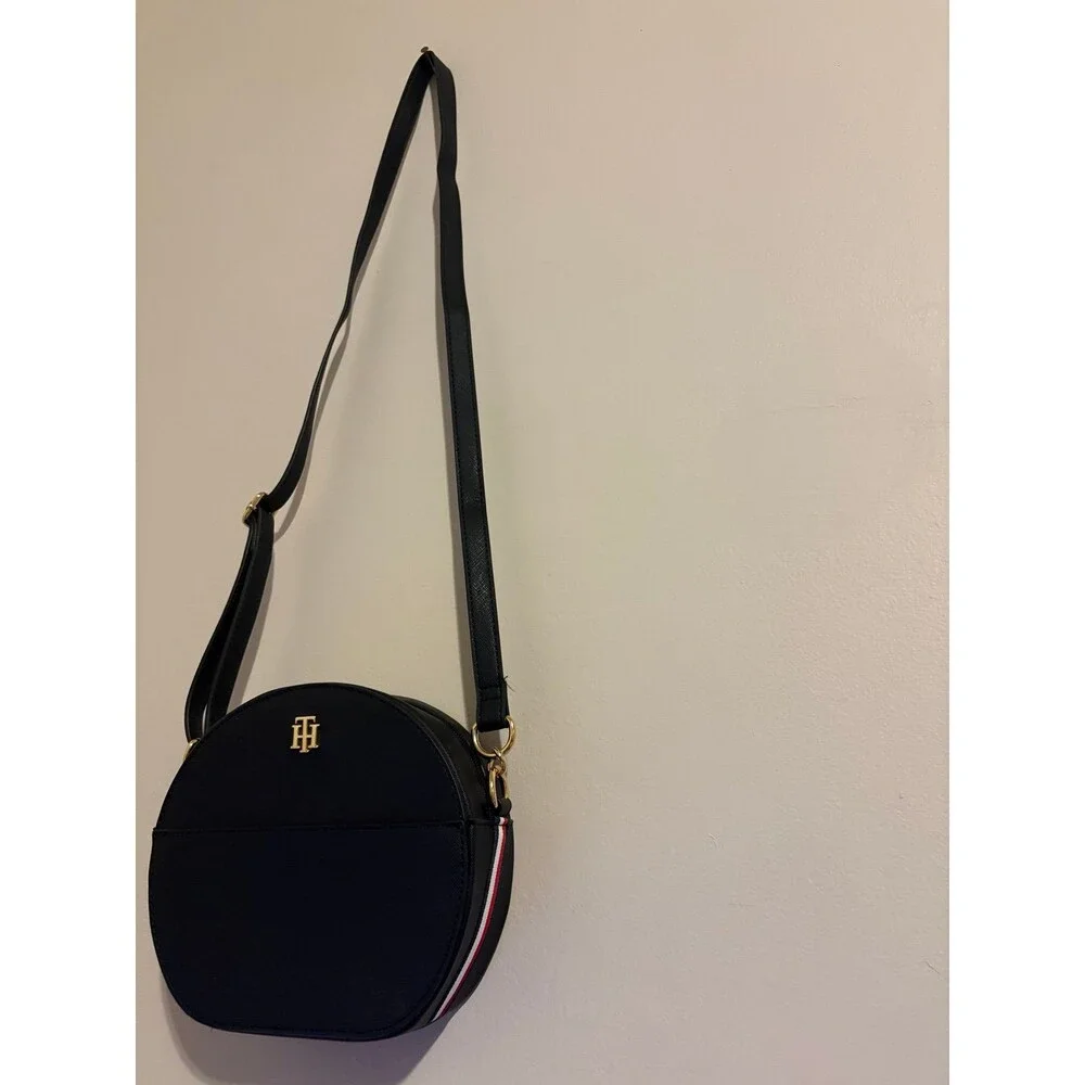 Tommy Hilfinger Crossbody Black Round Purse with Red, White, and Blue Stripes
